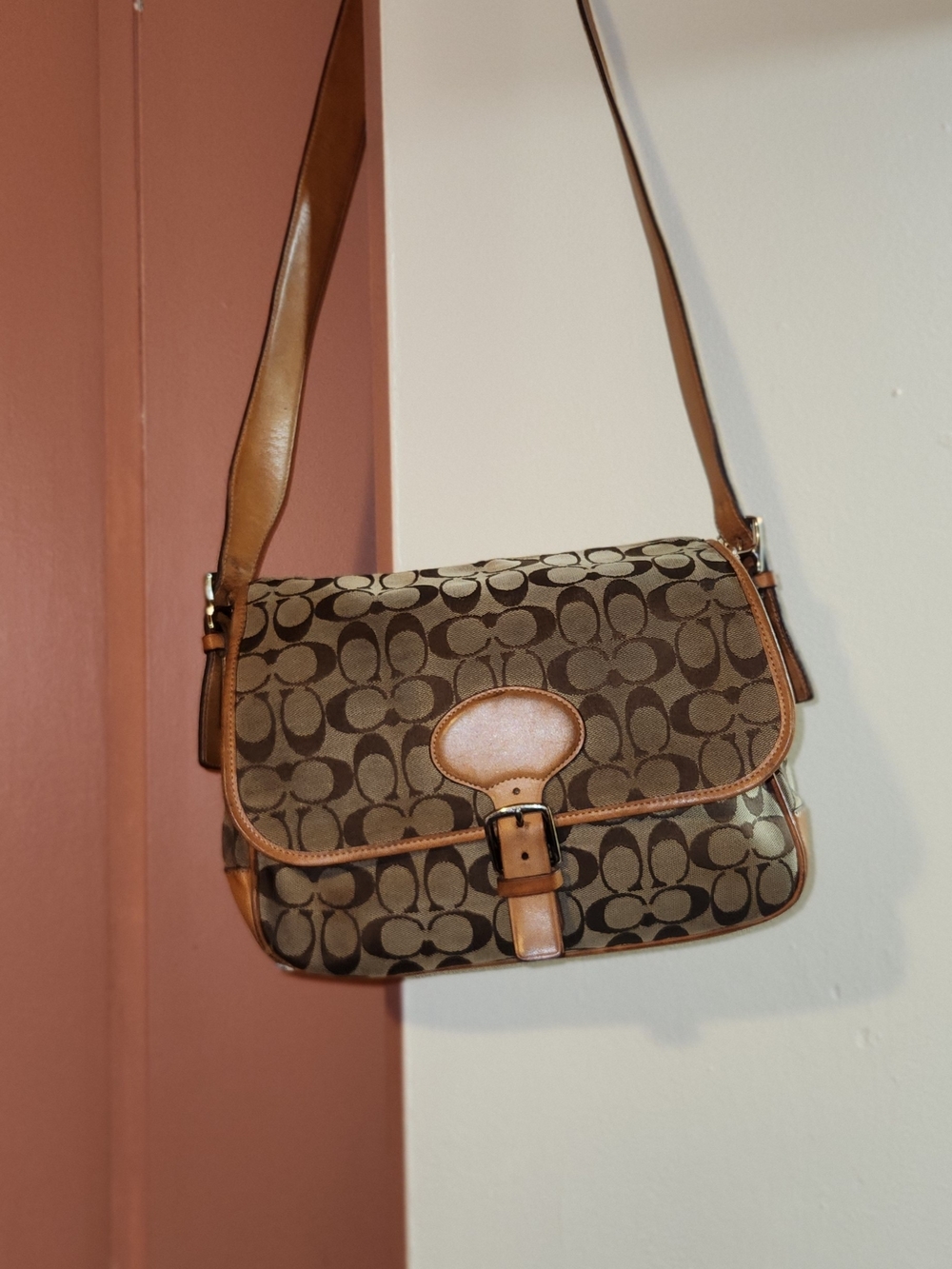 Coach Brown Signature Canvas Saddle Shoulder Bag with Tan Leather Trim